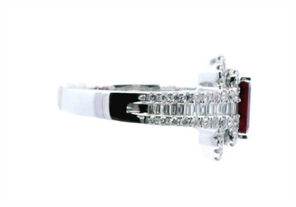 18K White Gold Double Halo Diamond Ring with Round and Baguette Diamonds, 0.61ct Round & 0.24ct Baguette Diamonds, F/G Color, VS2 Clarity