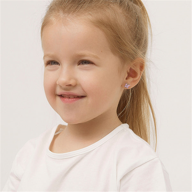 Sterling Silver Dainty October Birthstone Pink CZ Butterfly Earrings For Children