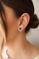 Vibrant Color Stone 18K White Gold Floral Inspired 1.85 Carats Blue Sapphire & 0.22 Carats Diamond Halo Earrings