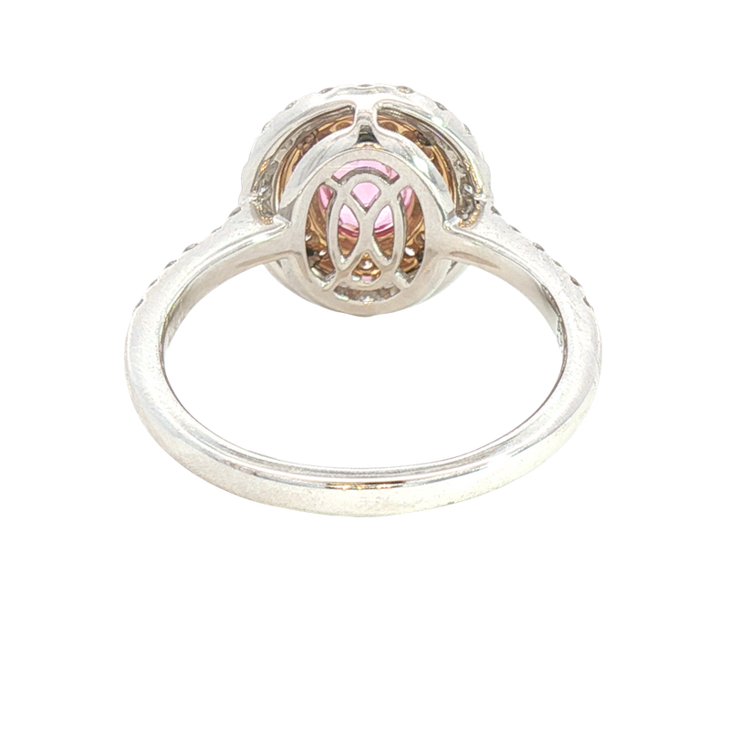 Bold & Elegant 18K White & Yellow Gold Oval Cut 1.08 Carats Padparadscha Pink Sapphire & 0.64 Carats Diamond Halo Ring