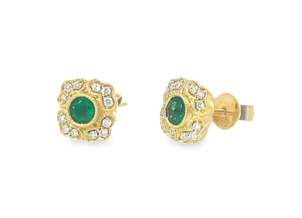 Yellow 18 Karat Gold 0.35 Carats Emerald & 0.14 Carats Diamond Stud Earrings