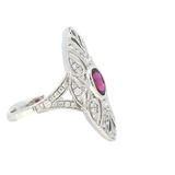 Bold & Elegant 18K White Gold 0.51 Carat Oval Cut Ruby & Art Deco Inspired Diamond Halo Ring