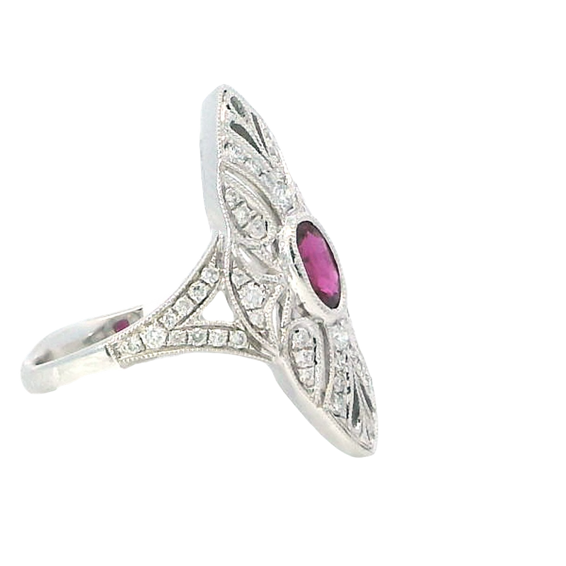 Bold & Elegant 18K White Gold 0.51 Carat Oval Cut Ruby & Art Deco Inspired Diamond Halo Ring