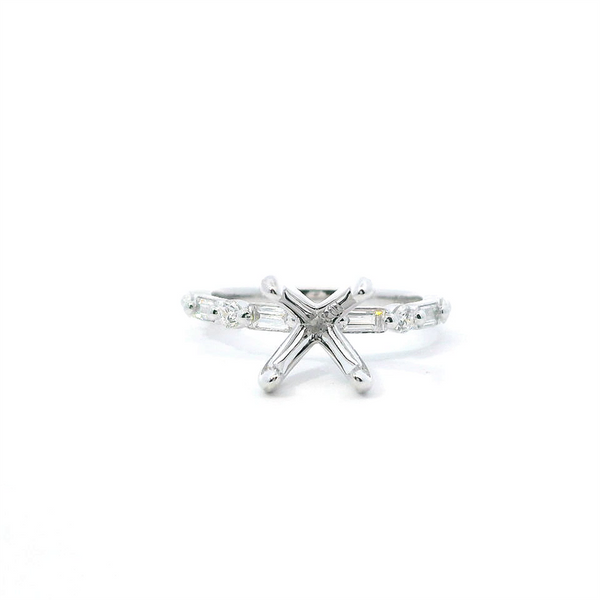 14K White Gold Diamond Semi-Mount Ring, 8MM Center, 0.34ctw Accents with Round and Baguette Diamond Pattern