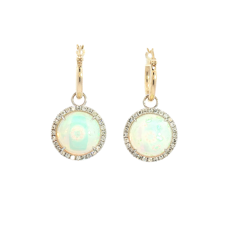 Vibrant Color Stone 14K Yellow & White Gold 4.92 Carats Opals & 0.34 Carats Diamond Halo Dangle Earrings