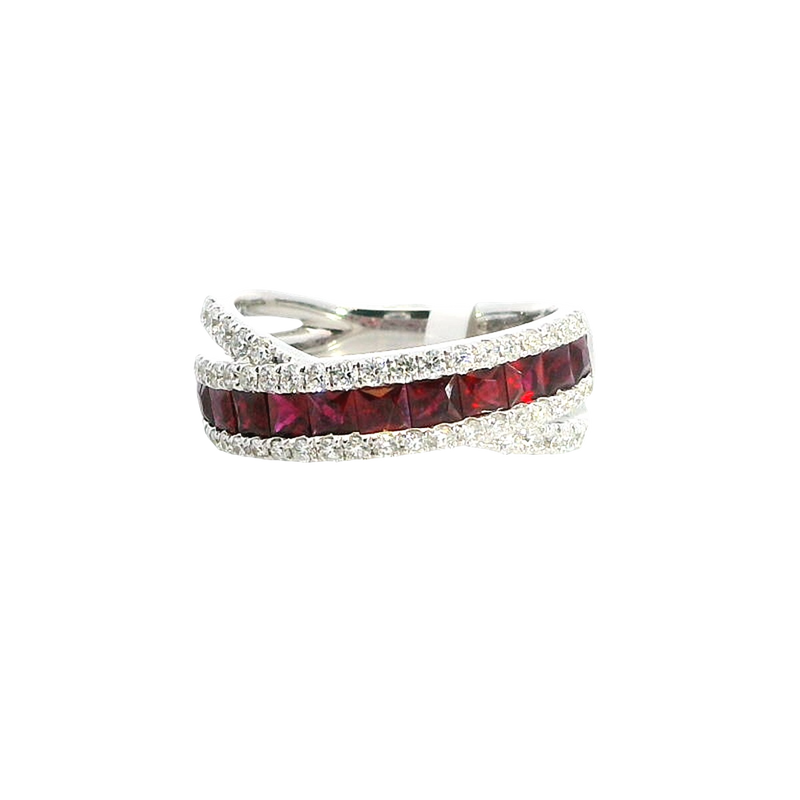 Elegant & Trendy 18K White Gold Princess Cut 0.97 Carats Ruby & 0.47 Carats Diamond Crossover Band