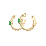 Vibrant Color Stone 14K Yellow Gold 0.36 Carats Oval Emerald & 0.25 Carats Diamond Small Hoop Earrings