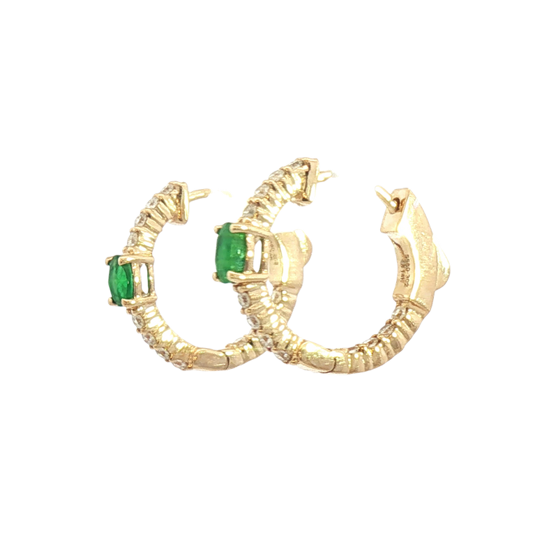 Vibrant Color Stone 14K Yellow Gold 0.36 Carats Oval Emerald & 0.25 Carats Diamond Small Hoop Earrings