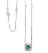 Vibrant Colored Stone Necklaces 18K Gold White 0.34 Carats Round Emerald & 0.46 Carats Diamond Halo Necklace, 18 Inch