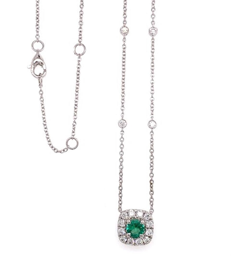 Vibrant Colored Stone Necklaces 18K Gold White 0.34 Carats Round Emerald & 0.46 Carats Diamond Halo Necklace, 18 Inch