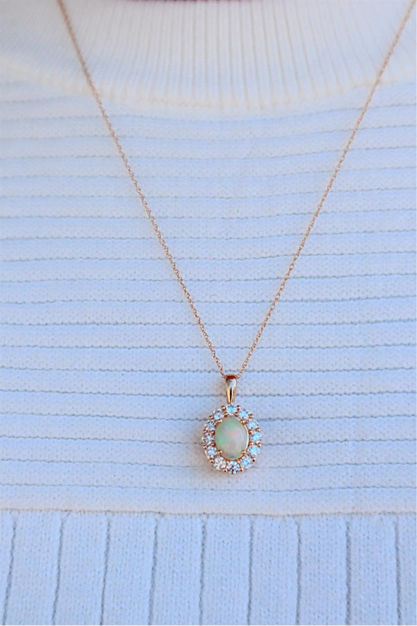 Vibrant 14K Gold Yellow 0.90 Carats Opal & 0.75 Carats Diamond Halo Color Stone Pendant Necklace, 18 inch