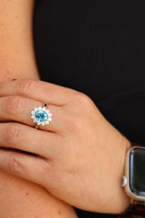Bold & Elegant 14K White Gold Oval Cut 3.37 Carats Blue Zircon & 0.87 Carats Diamond Halo Ring