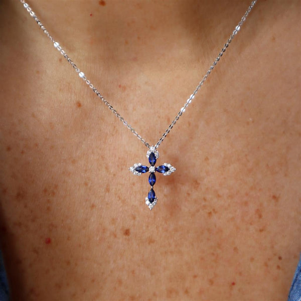 Vibrant 18K Gold 0.80 Carats Sapphire & 0.22 Carats Diamond Medium Cross Pendant