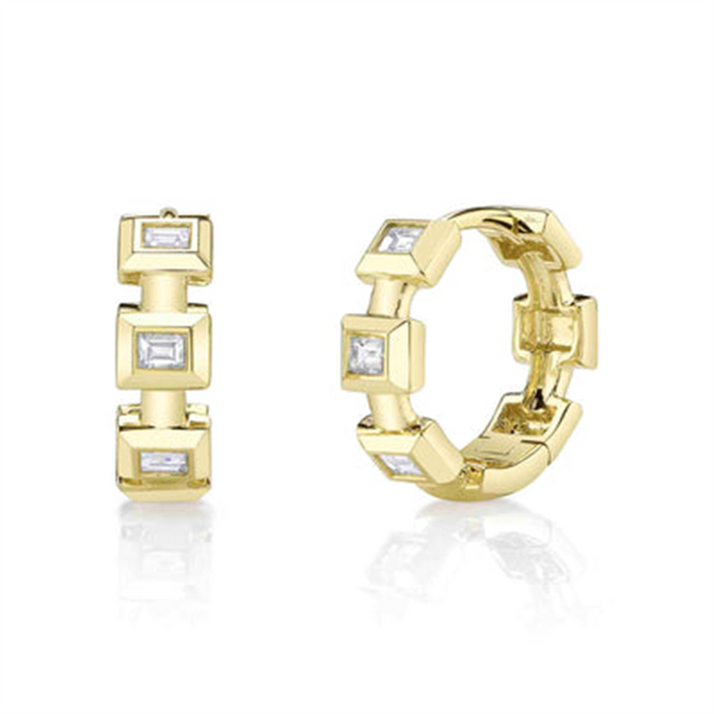 Elegant Precious Metal Earrings 14K Yellow Gold Baguette Cut 0.22 Carats Diamond Geometric Huggie Earrings