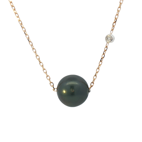 Elegant Pearl Necklaces & Pendants 14K Yellow Gold &  8 - 9 MM Tahitian Cultured Black Pearl & 0.01 Carats Diamond Necklce - 18 Inch