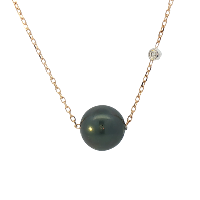 Elegant Pearl Necklaces & Pendants 14K Yellow Gold &  8 - 9 MM Tahitian Cultured Black Pearl & 0.01 Carats Diamond Necklce - 18 Inch