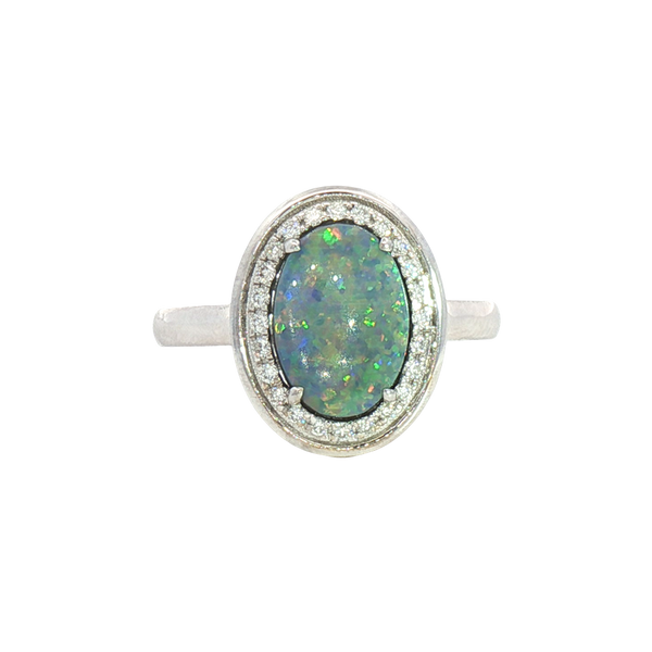 Bold & Elegant 18K White Gold Oval Cut 1.25 Opal & 0.13 Carats Diamond Halo Ring
