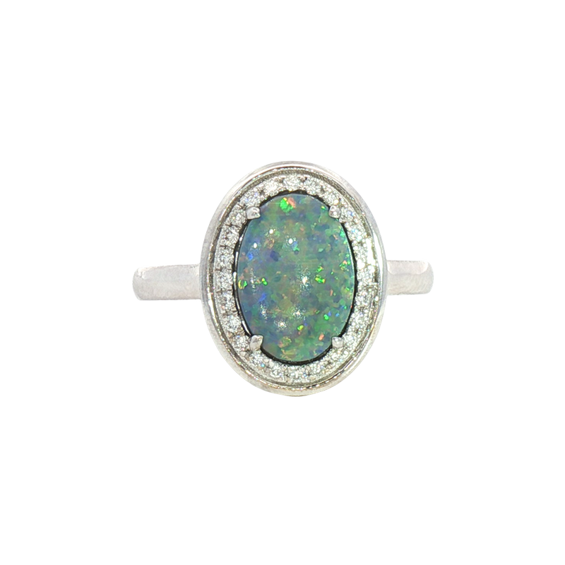 Bold & Elegant 18K White Gold Oval Cut 1.25 Opal & 0.13 Carats Diamond Halo Ring