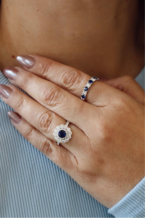 18K White Gold Halo Blue Sapphire & Diamond Ring, 0.67ct Sapphire & 1.09ct Diamonds, F/G Color, VS2 Clarity