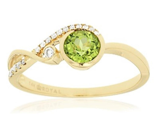 14K Yellow Gold Bold & Elegant Geometric Round-Cut Peridot & Diamond Fashion Ring, 0.60ct Peridot & 0.10ct Diamonds