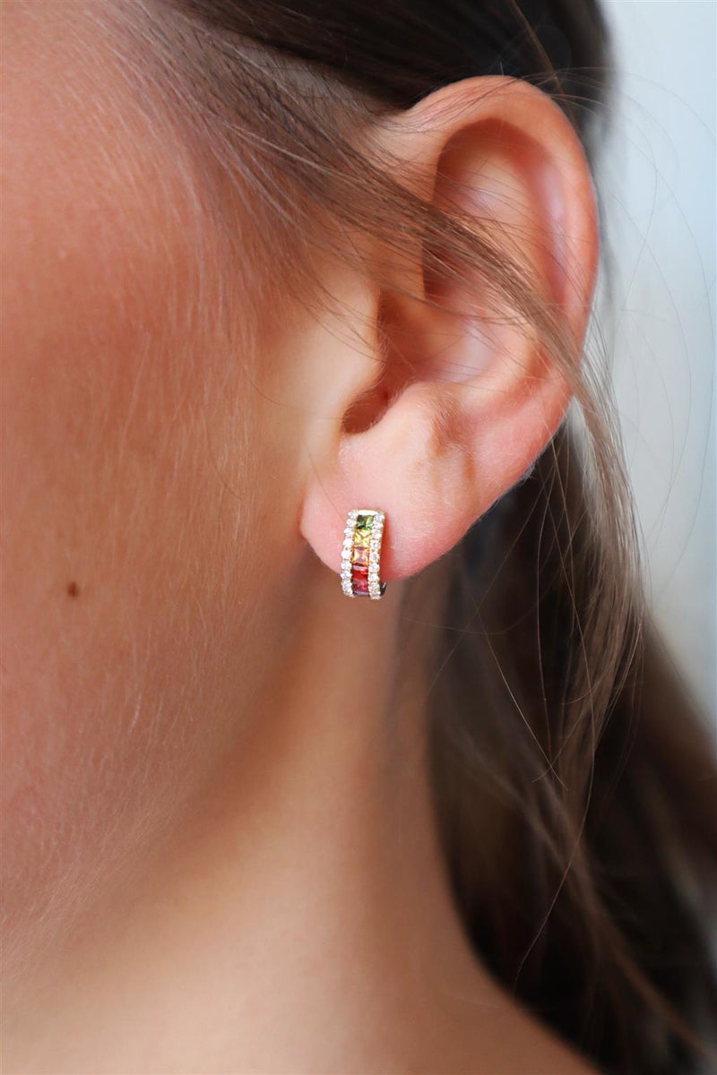 Vibrant Color Stone 18K Yellow Gold 0.75 Carats Multi Colored Fancy Sapphire & 0.32 Carats Diamond Huggie Earrings