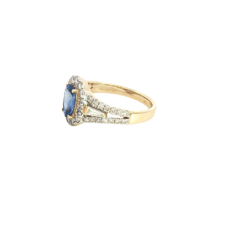 Bold & Elegant 14K Yellow Gold 1.34 Carats Ceylon Blue Sapphire & 0.86 Carats Baguette & Round Halo Ring