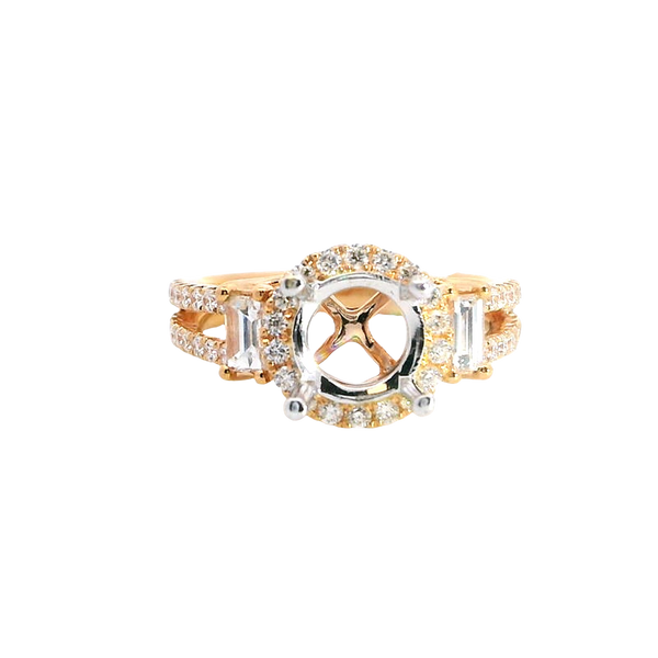 Elegant Diamond Mountings 18K Rosé & White Gold 1.50 Carat round Mounting -  0.87 Carat Baguette & Round Diamonds