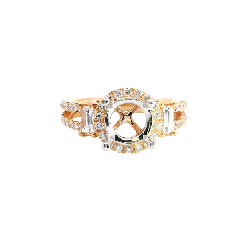Elegant Diamond Mountings 18K Rosé & White Gold 1.50 Carat round Mounting -  0.87 Carat Baguette & Round Diamonds