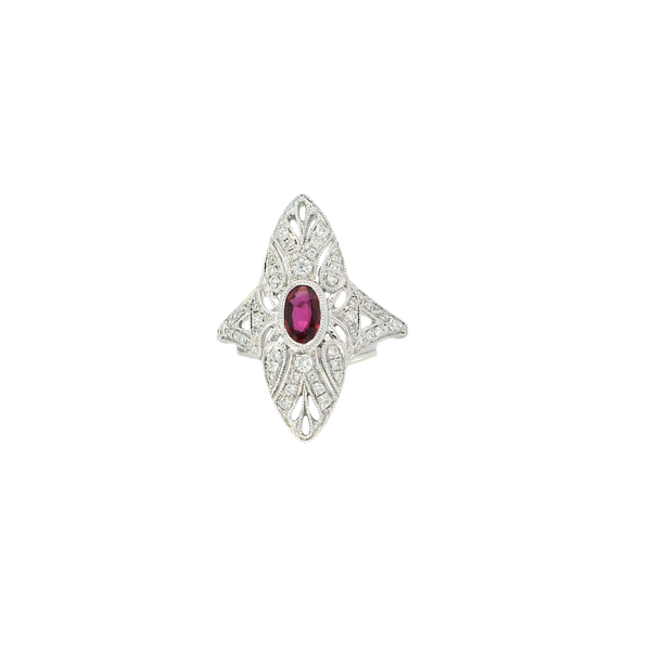 Bold & Elegant 18K White Gold 0.51 Carat Oval Cut Ruby & Art Deco Inspired Diamond Halo Ring