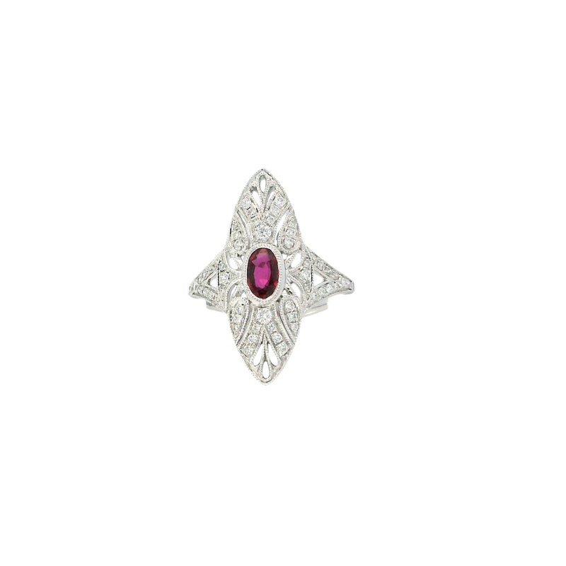 Bold & Elegant 18K White Gold 0.51 Carat Oval Cut Ruby & Art Deco Inspired Diamond Halo Ring