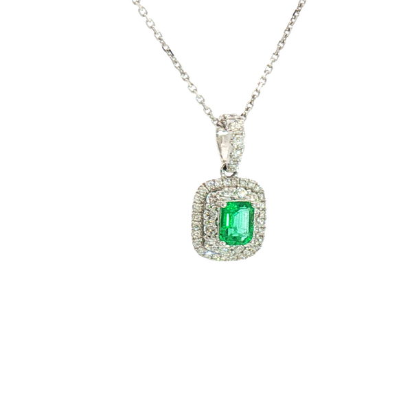 Vibrant 18K White Gold 0.14 Carats Emerald & 0.37 Carats Diamond Halo Drop Pendant