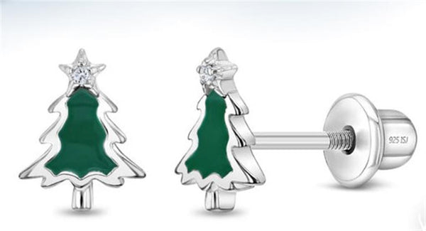 Sterling Silver Evergreen Christmas Enamel Earrings