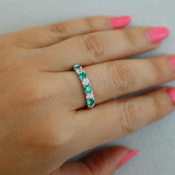 Bold & Elegant 18K Gold White Stackable Color Stone Fashion Ring - White gold 18K Alternating 0.60 Carats Emerald & 0.57 Carats Diamond Band