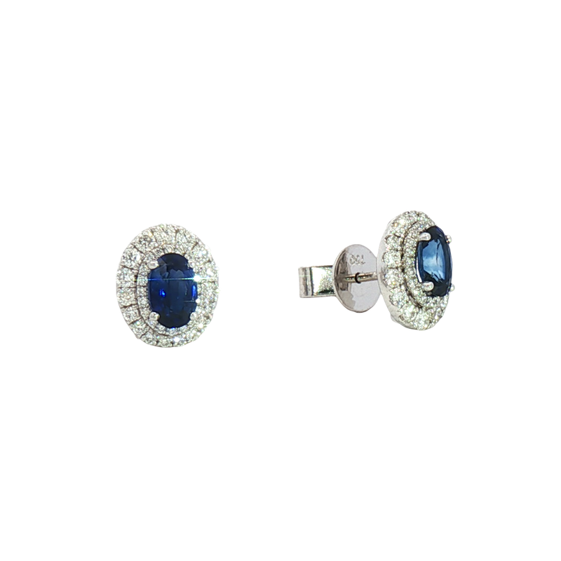 Vibrant Color Stone 18K White  Gold 1.24 Carats Sapphire & Double Halo 0.55 Carats Diamond Stud Earrings