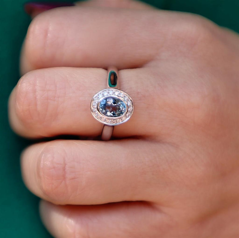 Bold & Elegant 18K White Gold  Oval Cut 0.74 Carats Aquamarine & 0.13 Carats Diamond Halo Ring