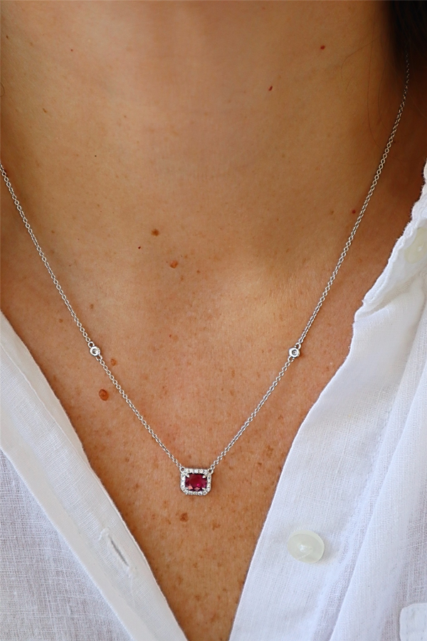 Elegant & Stylish Colored Stone Necklaces 14K White Gold 0.65C Oval Ruby & 0.16C Diamond Halo & Diamond Accented Necklace, 18 Inch
