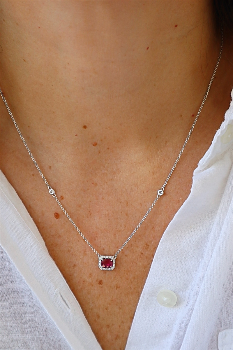 Elegant & Stylish Colored Stone Necklaces 14K White Gold 0.65C Oval Ruby & 0.16C Diamond Halo & Diamond Accented Necklace, 18 Inch
