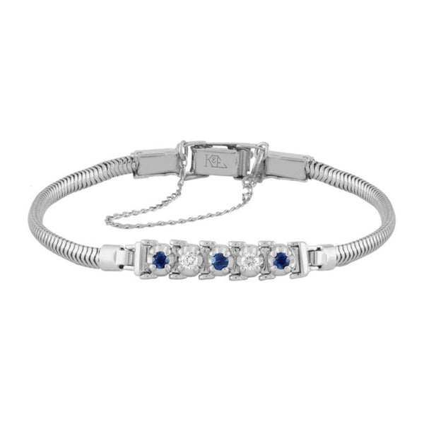 Elegant & Eye Catching 14K Gold White 0.12 Carats Diamond & Sapphire Add-A-Link Tennis Bracelet Starter, Length 7.25 Inch