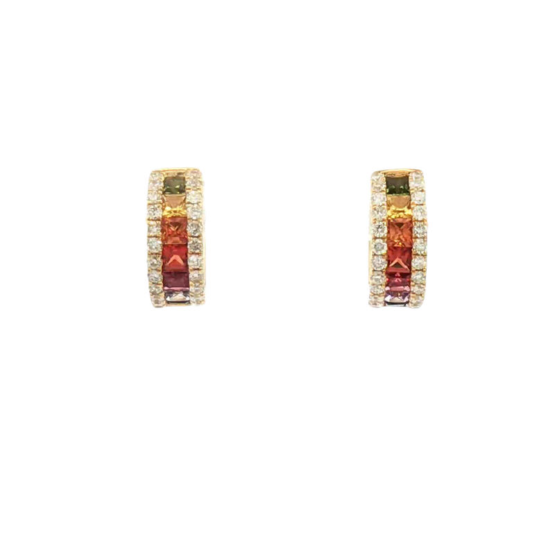 Vibrant Color Stone 18K Yellow Gold 0.75 Carats Multi Colored Fancy Sapphire & 0.32 Carats Diamond Huggie Earrings