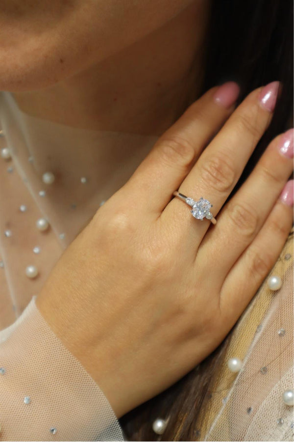 MPJ Exclusive 14K Gold White Marquise Diamond Accented 1.50 Carats Oval Engagement Ring - 0.21 CTW Diamond