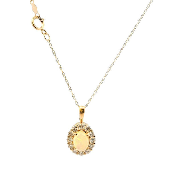 Vibrant 14K Gold Yellow 0.90 Carats Opal & 0.75 Carats Diamond Halo Color Stone Pendant Necklace, 18 inch