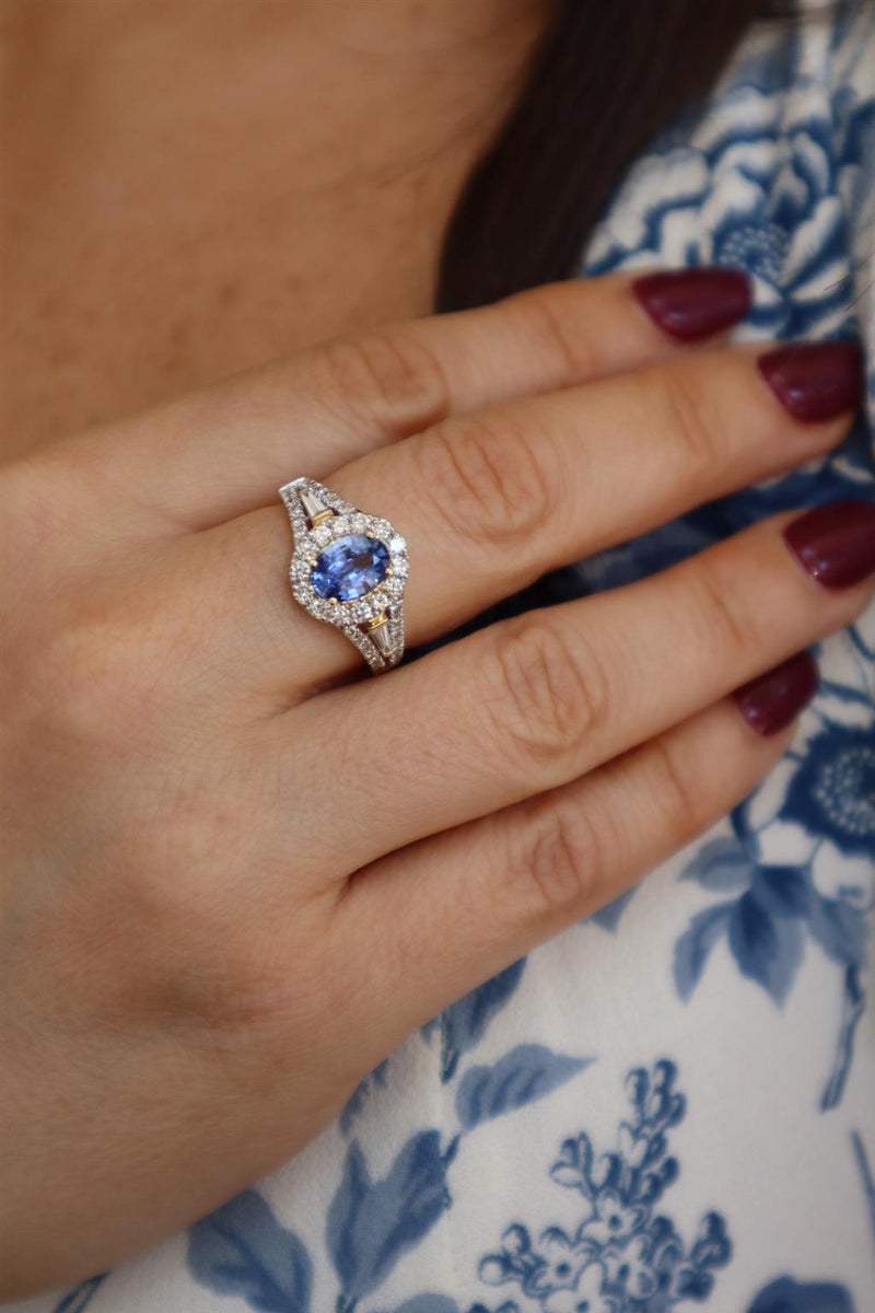 Bold & Elegant 14K Yellow Gold 1.34 Carats Ceylon Blue Sapphire & 0.86 Carats Baguette & Round Halo Ring