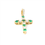 Vibrant 18K Yellow Gold 0.13 Carats Emerald & 0.16 Carats Diamond Small Cross Pendant
