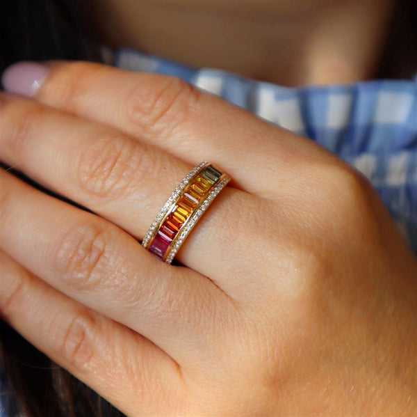 Bold & Elegant 14K Yellow Gold Baguette 2.17 Carats Rainbow Sapphires & 0.26 Carats Diamond Band