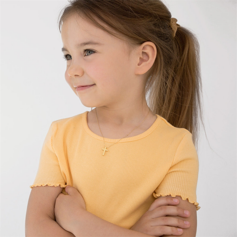 14K Yellow Gold Star Cutout Cross Necklace For Children - 16 Inch
