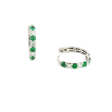 Vibrant Color Stone 18K White Gold 0.34 Carats Emerald & 0.24 Carats Diamond Small 15mm Hoop Earrings