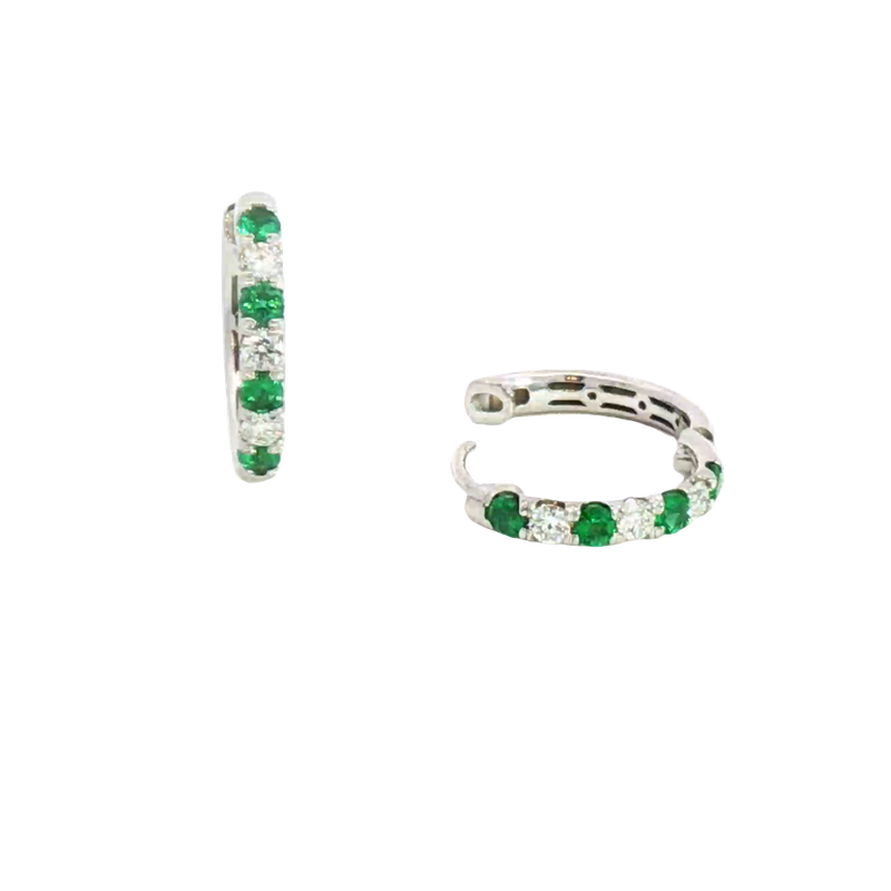 Vibrant Color Stone 18K White Gold 0.34 Carats Emerald & 0.24 Carats Diamond Small 15mm Hoop Earrings