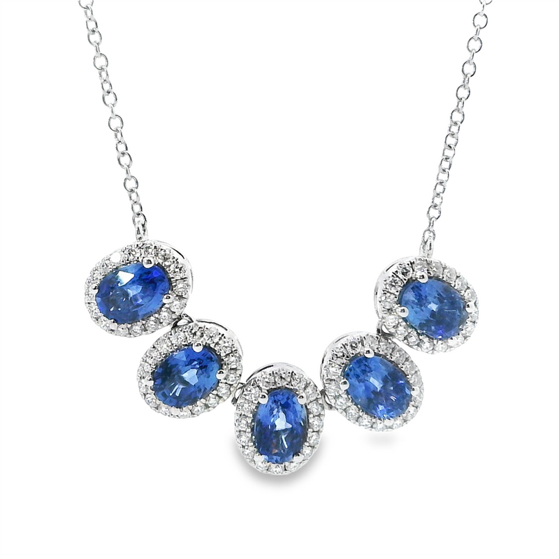 Vibrant Colored Stone Necklaces 18K Gold White 3.67 Carats Sapphires & 0.59 Carats Diamonds Halo Necklace, 18 Inch