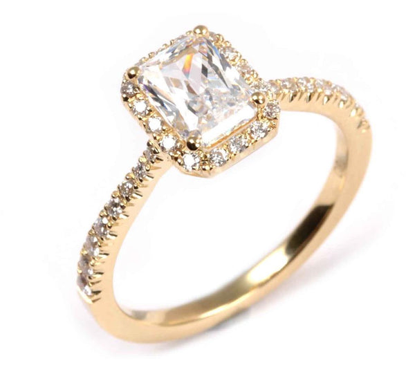 Yellow 18 Karat Gold .26 Carats Diamond Halo Emerald Cut Engagement Ring