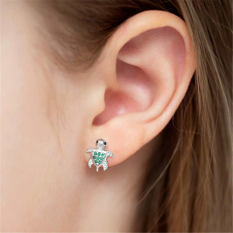 Sterling Silver Adorable Turtle August Birthstone Green CZ Earrings For Children